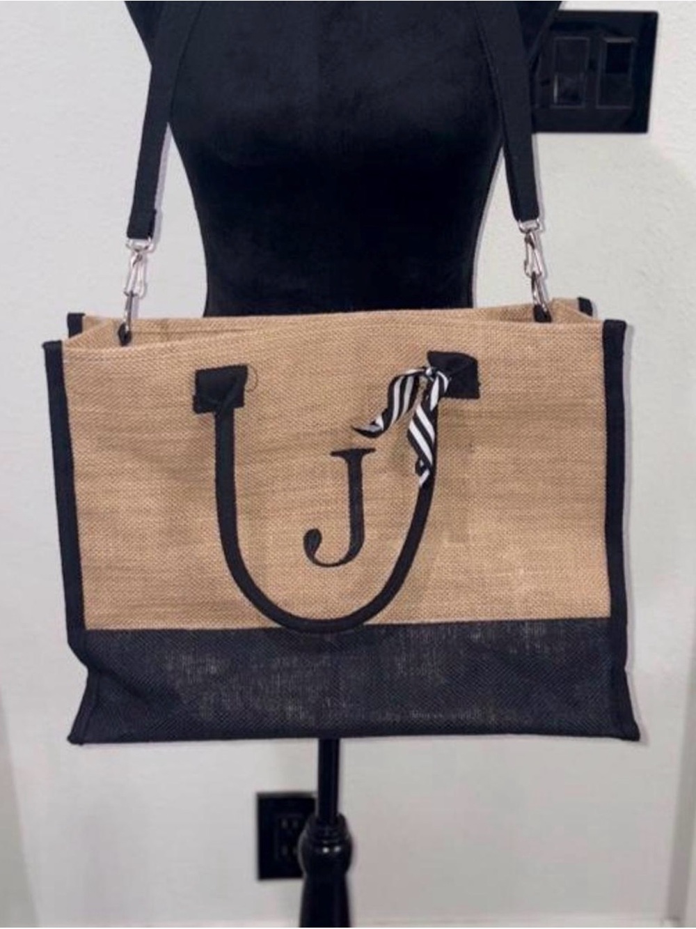 Monogram J Two-Tone 100% Jute Tote Bag in Natural and Black